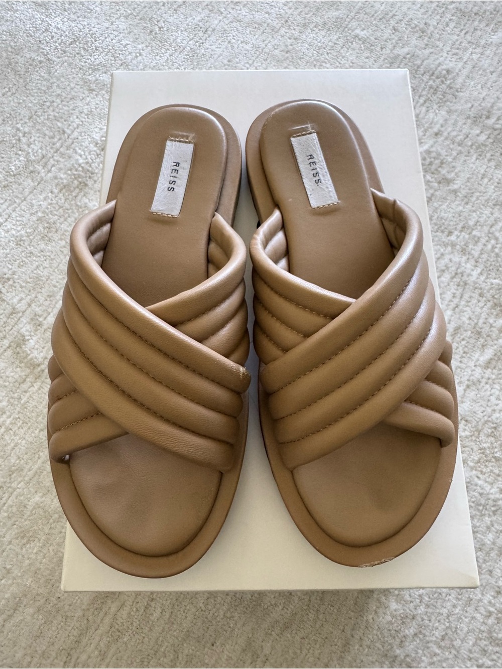 Reiss Blair Nappa Leather Padded Slide Sandals Biscuit Brown Size 40